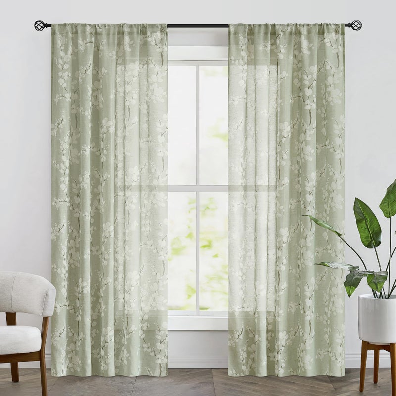 FMFUNCTEX Linen Sheer Curtains for Bedroom, Sage Green Blossom Print Curtains 84 Inches Long for Living Room,Floral Patterned Farmhouse Curtain Light Filtering Window Drapes 2 Panels, Rod Pocket - Image 2